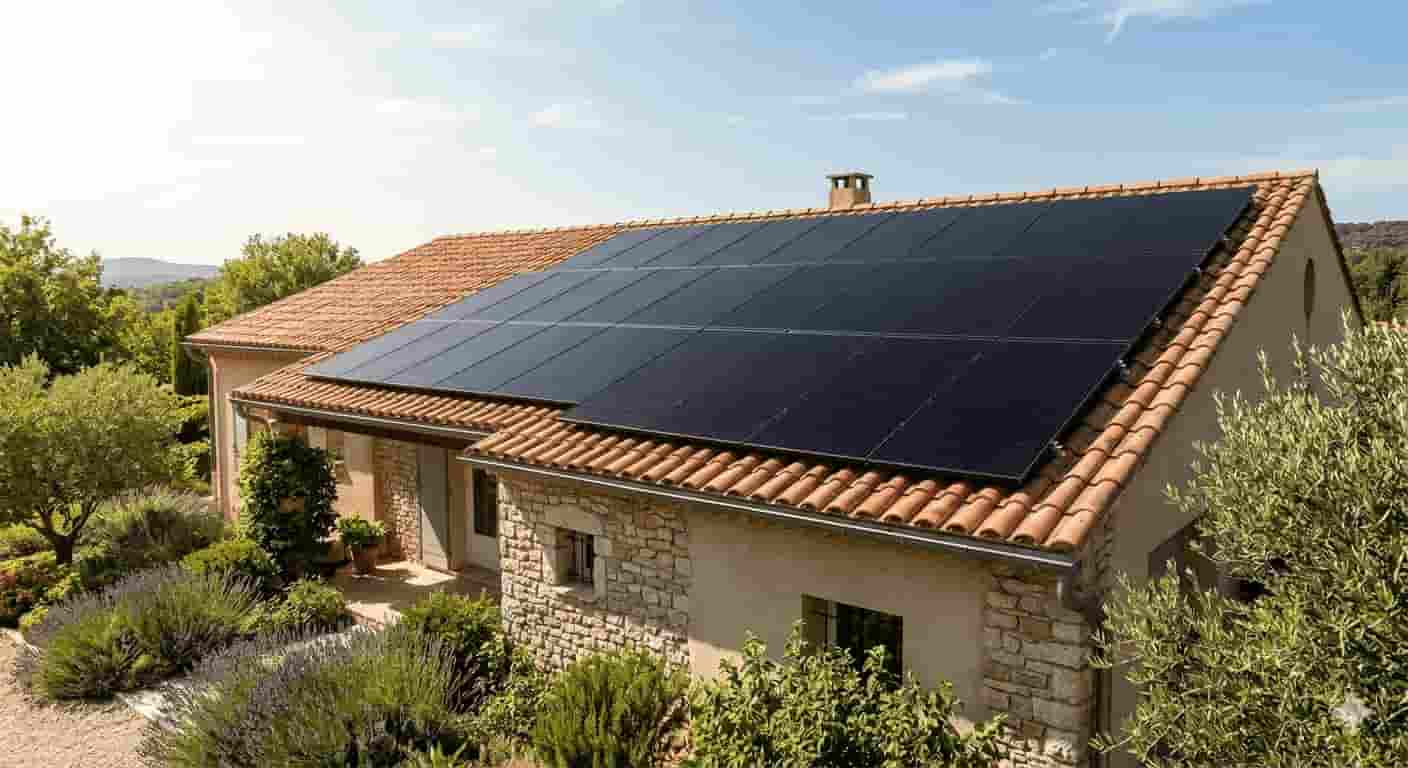 Prix panneau solaire 6 kW - Installation complète sur toit en tuiles avec vue sur végétation méditerranéenne - LES COMPAGNONS DU SOLAIRE.ORG